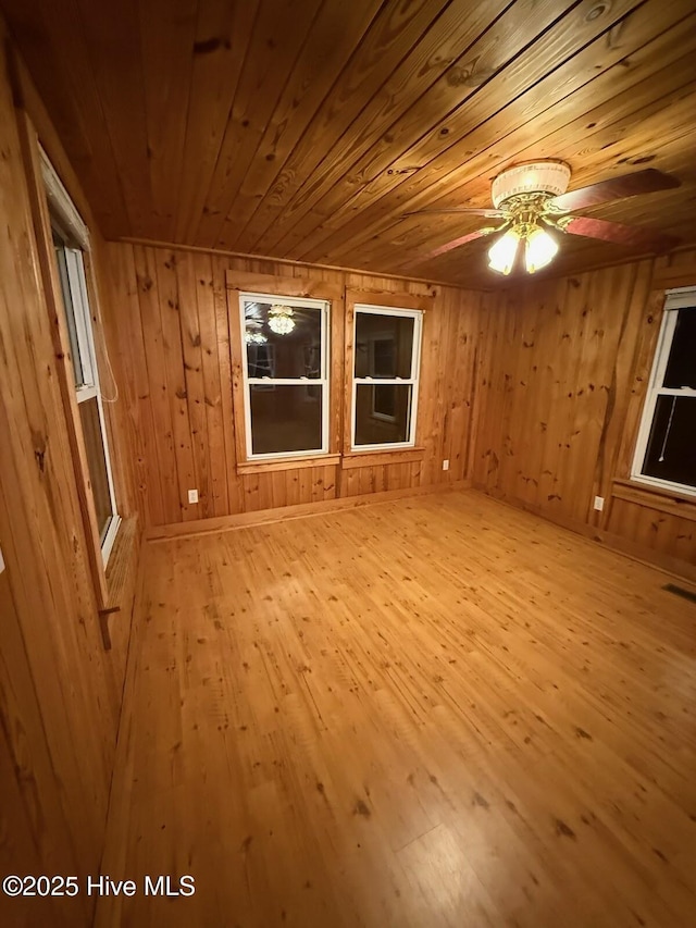 interior space with wooden walls, light hardwood / wood-style floors, and wooden ceiling