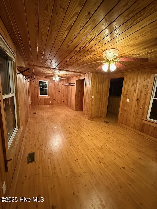 interior space with wood-type flooring, wooden walls, and wood ceiling