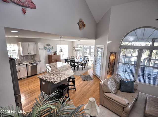 living area with light wood-type flooring and high vaulted ceiling