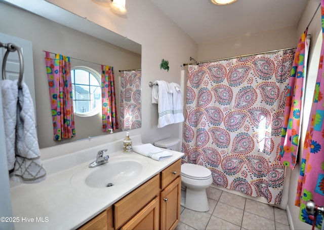 full bath with vanity, tile patterned flooring, toilet, and a shower with curtain