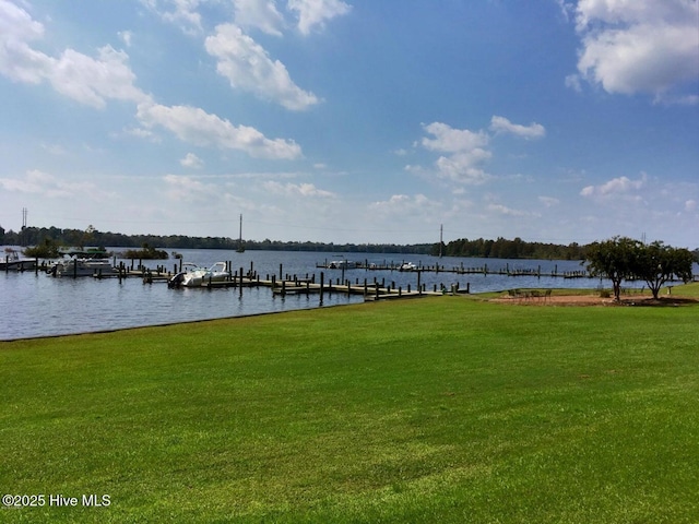 dock area with a yard and a water view