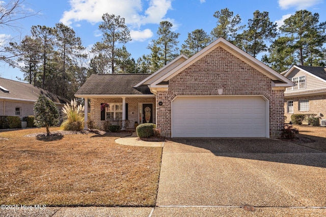 ranch-style house with brick siding, roof with shingles, a porch, concrete driveway, and an attached garage