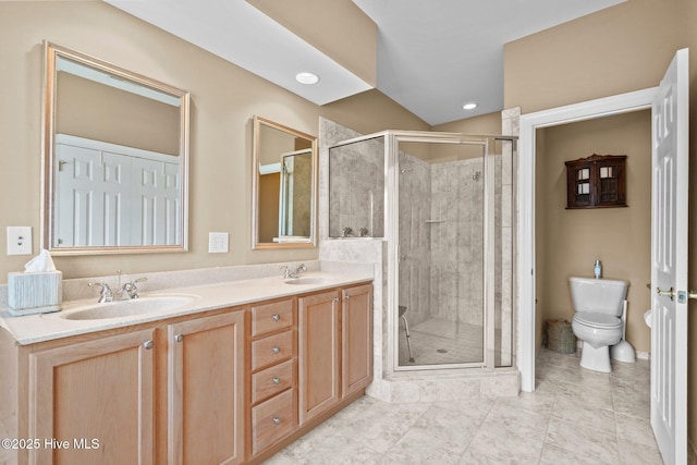 full bath featuring toilet, a stall shower, and a sink