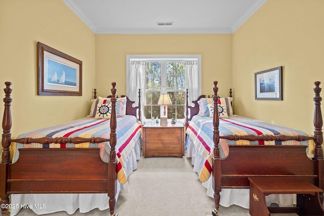 bedroom with light carpet, visible vents, and crown molding