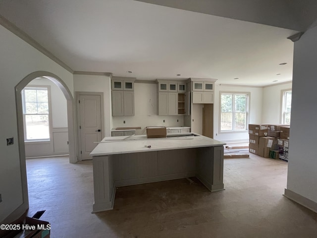 241 Juniper Creek Blvd, Pinehurst, NC 28374 - kitchen with a kitchen island, arched walkways, glass insert cabinets, and crown molding