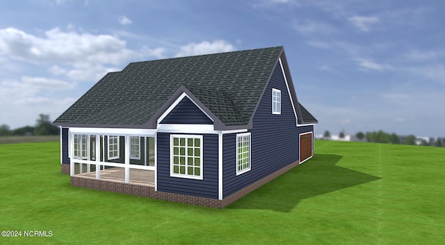 view of home's exterior featuring a yard, roof with shingles, and an outdoor structure