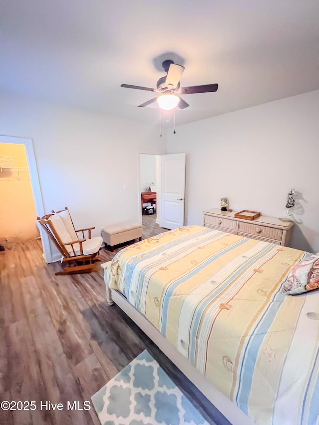 bedroom featuring a spacious closet, hardwood / wood-style floors, and ceiling fan