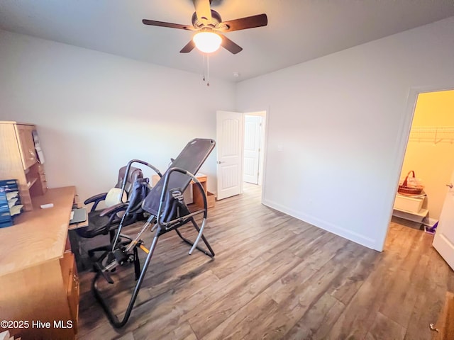 home office featuring ceiling fan and light hardwood / wood-style floors