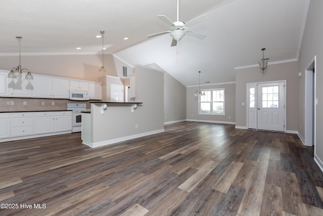 125 Neeley Ln, New Bern, NC 28560 - unfurnished living room with baseboards, ceiling fan with notable chandelier, lofted ceiling, and dark wood-type flooring