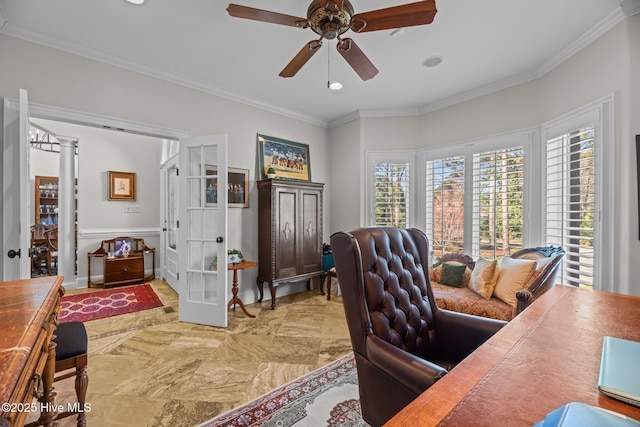 office space featuring ornamental molding, french doors, and ceiling fan