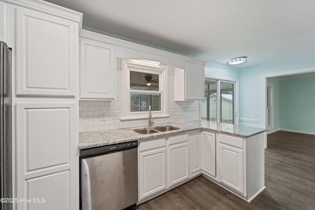 kitchen with sink, stainless steel dishwasher, kitchen peninsula, and white cabinets