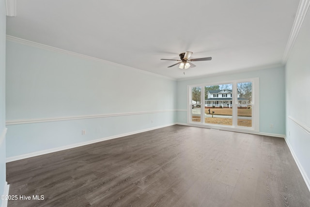 unfurnished room with crown molding, dark hardwood / wood-style floors, and ceiling fan