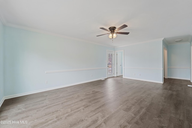 spare room with crown molding, ceiling fan, and hardwood / wood-style floors