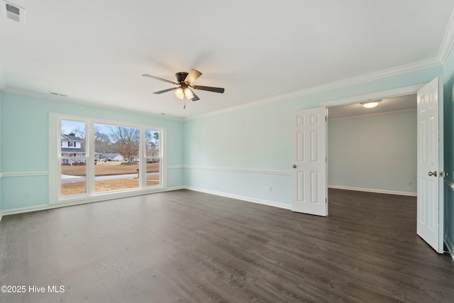 unfurnished room with crown molding, ceiling fan, and dark hardwood / wood-style flooring