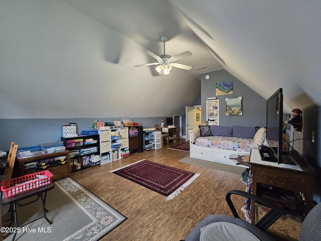 office area featuring lofted ceiling, hardwood / wood-style floors, and ceiling fan