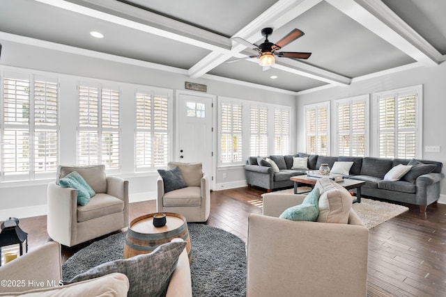 living area featuring coffered ceiling, ceiling fan, beamed ceiling, and dark wood-style flooring