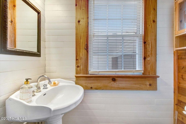 bathroom featuring sink and wooden walls