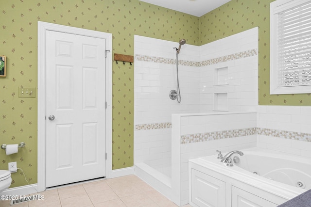 bathroom featuring tile patterned flooring, plus walk in shower, and toilet