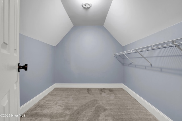 walk in closet featuring carpet floors and vaulted ceiling