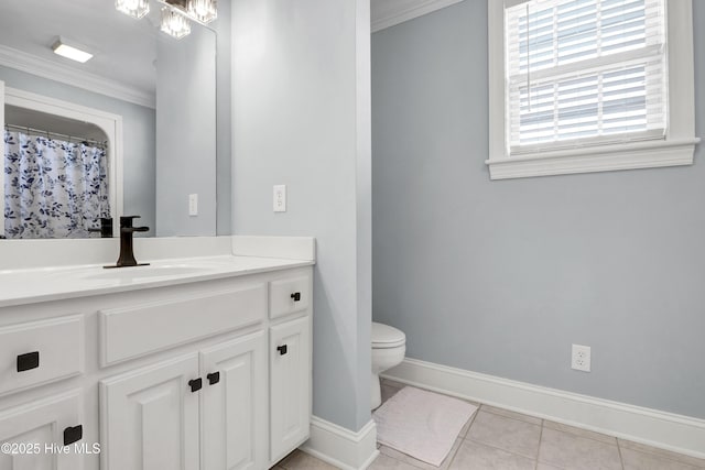 bathroom featuring tile patterned flooring, a shower with shower curtain, vanity, ornamental molding, and toilet