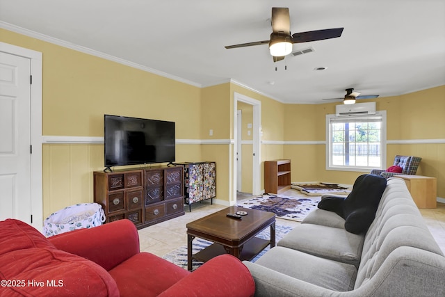 tiled living room with ceiling fan, ornamental molding, and a wall mounted AC