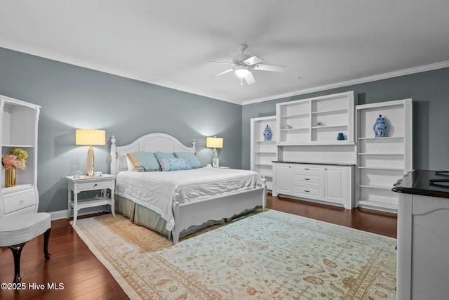 bedroom with ceiling fan, ornamental molding, dark wood finished floors, and baseboards