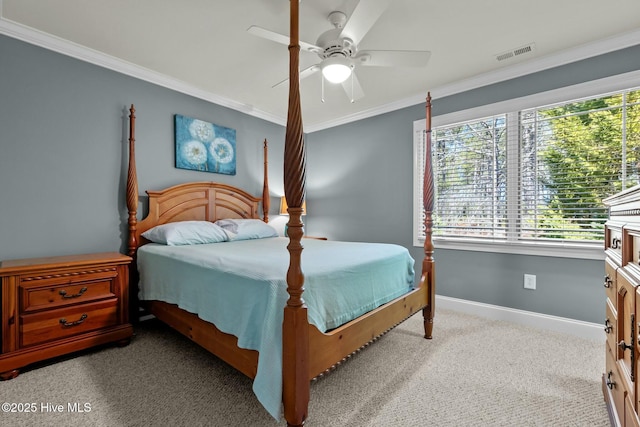 bedroom featuring baseboards, multiple windows, visible vents, and ornamental molding