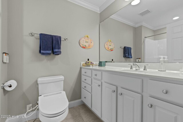 full bathroom featuring visible vents, toilet, ornamental molding, vanity, and tile patterned flooring