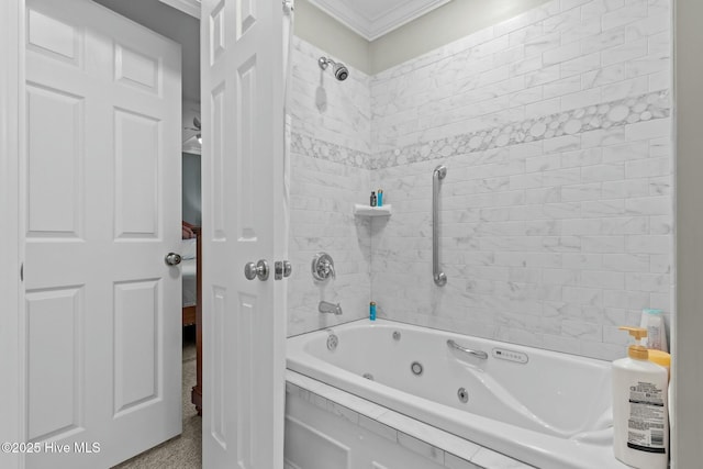 bathroom featuring a combined bath / shower with jetted tub and ornamental molding