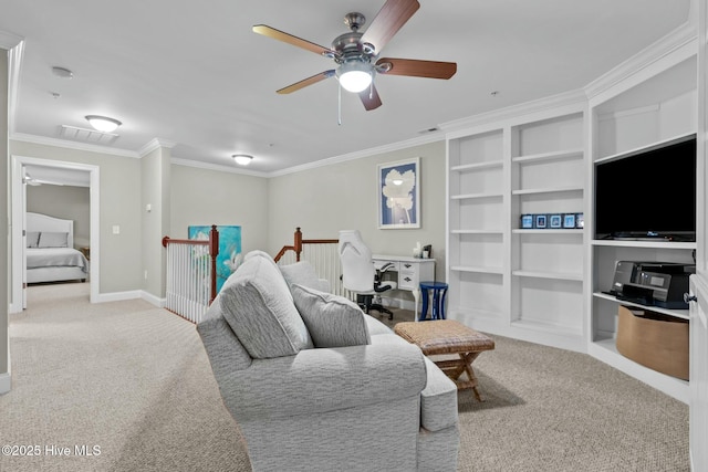 carpeted living area featuring a ceiling fan, baseboards, visible vents, and crown molding