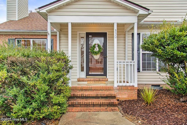 view of exterior entry featuring a shingled roof, crawl space, and a chimney