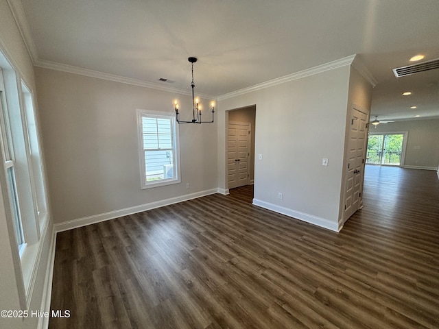 178 Pine View Blvd, Beaufort, NC 28516 - interior space featuring visible vents, crown molding, baseboards, dark wood-type flooring, and a chandelier