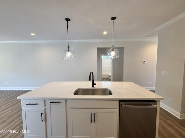 178 Pine View Blvd, Beaufort, NC 28516 - kitchen featuring dark wood-style flooring, light countertops, white cabinets, a sink, and dishwasher