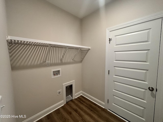 washroom with laundry area, baseboards, dark wood finished floors, washer hookup, and hookup for an electric dryer