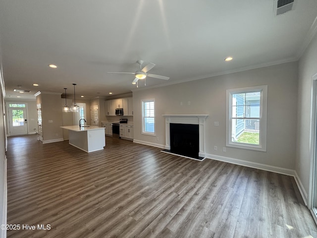 178 Pine View Blvd, Beaufort, NC 28516 - unfurnished living room with crown molding, dark wood-style flooring, baseboards, and plenty of natural light