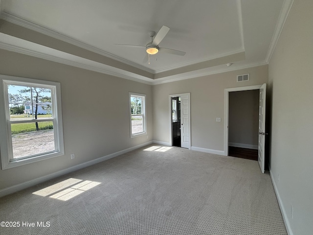 unfurnished bedroom featuring visible vents, carpet floors, a tray ceiling, and multiple windows