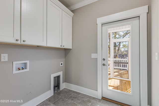 washroom featuring ornamental molding, hookup for a washing machine, baseboards, cabinet space, and electric dryer hookup