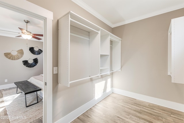 spacious closet featuring wood finished floors and a ceiling fan