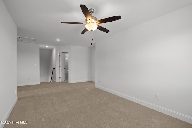 unfurnished room featuring a ceiling fan, recessed lighting, light colored carpet, and baseboards