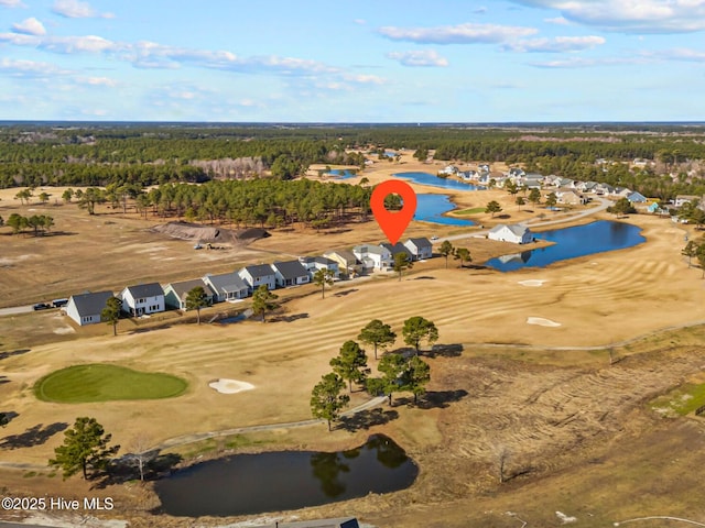 aerial view featuring a water view and golf course view