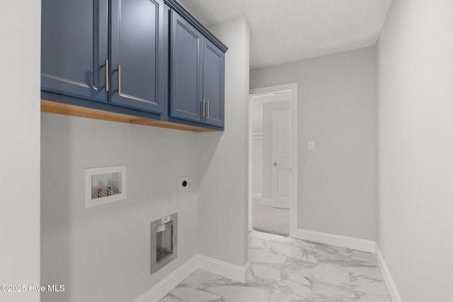 laundry room with washer hookup, marble finish floor, cabinet space, electric dryer hookup, and baseboards