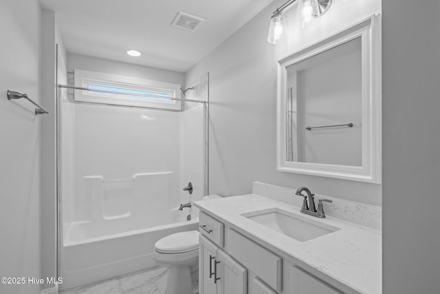 bathroom featuring toilet, vanity, visible vents,  shower combination, and marble finish floor