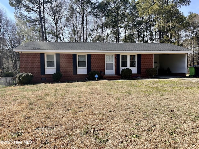613 Sexton Ave, Zebulon, NC 27597 - ranch-style home with an attached carport, brick siding, entry steps, and a front yard