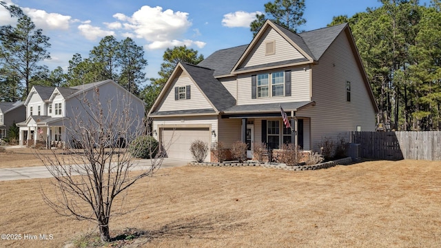 view of front facade with covered porch, a garage, central air condition unit, and a front lawn