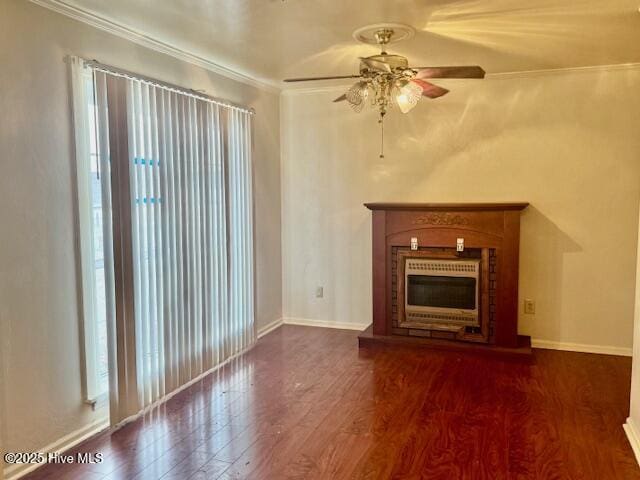 unfurnished living room featuring crown molding, ceiling fan, and dark hardwood / wood-style floors