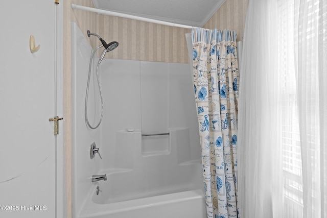 806 Lord Granville Dr, Morehead City, NC 28557 - bathroom featuring wallpapered walls and shower / bath combination with curtain