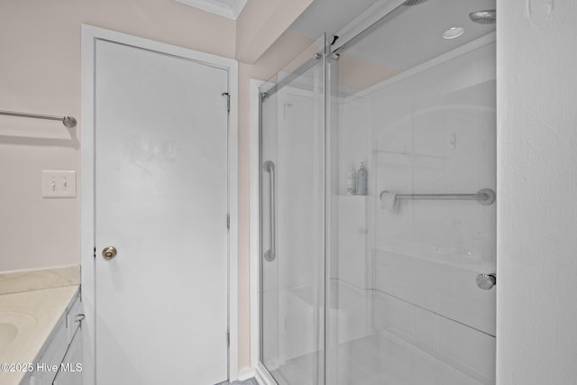 806 Lord Granville Dr, Morehead City, NC 28557 - full bath featuring a shower stall, vanity, and crown molding
