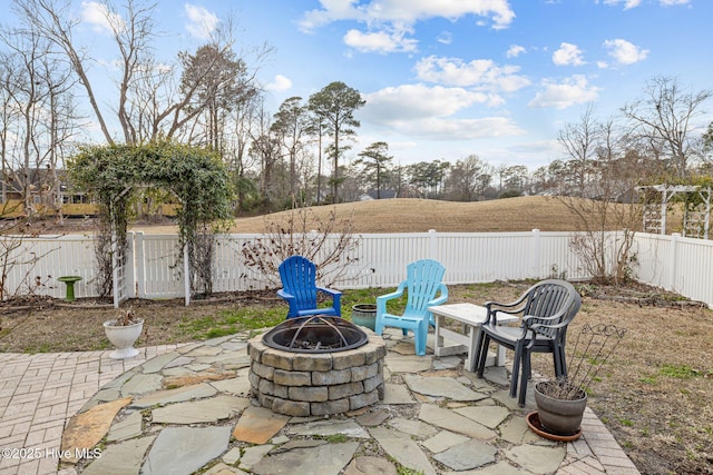 806 Lord Granville Dr, Morehead City, NC 28557 - view of patio / terrace featuring an outdoor fire pit and a fenced backyard