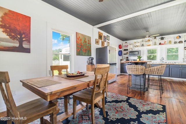 dining space with wooden ceiling, dark hardwood / wood-style floors, and ceiling fan