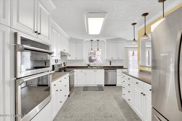 kitchen with stainless steel appliances, dark countertops, white cabinetry, and under cabinet range hood